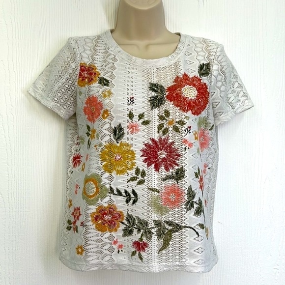 Zara - Bright Floral White Lace Short Sleeve Top Size Small - Picture 3 of 11